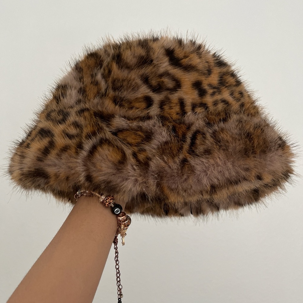 Chic Brown Fur Hat with Leopard Print and Chain Detail
